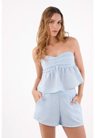 Topmark Top Strapless Para Mujer De Poliéster Azul Celeste Corte Peplum Con Pliegues En El Busto topmark