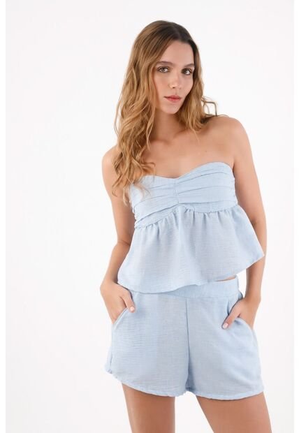 Topmark Top Strapless Para Mujer De Poliéster Azul Celeste Corte Peplum Con Pliegues En El Busto