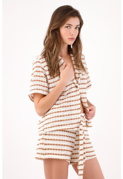 Topmark Bermuda Tiro Alto Con Rayas En Relieve En Poliéster Caramelo Y Crudo Para Mujer