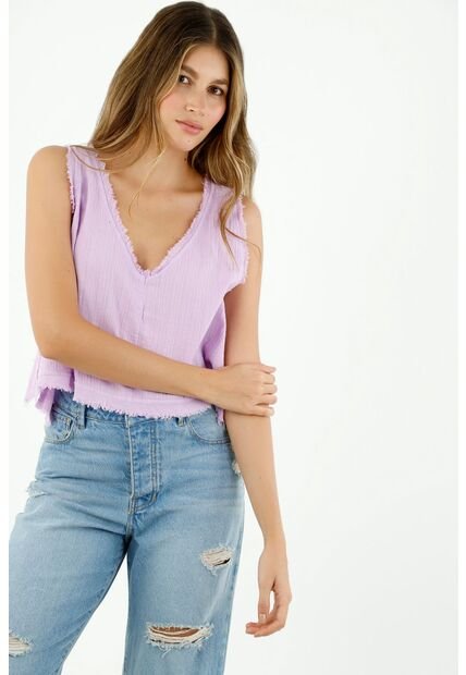 Camisa De Mujer, Cuello En V, Manga Sisa Con Tela Craquelada, Color Morado