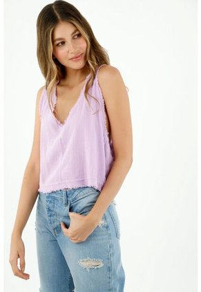 Camisa De Mujer, Cuello En V, Manga Sisa Con Tela Craquelada, Color Morado