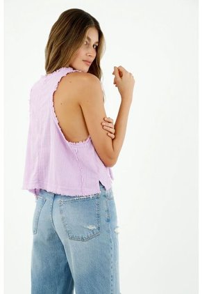 Camisa De Mujer, Cuello En V, Manga Sisa Con Tela Craquelada, Color Morado