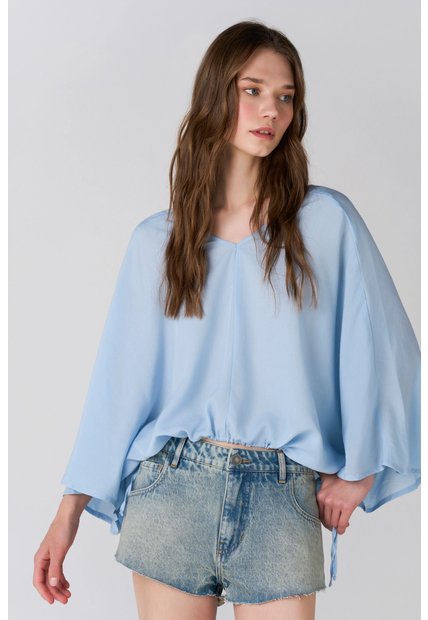 Topmark Camisa Fit Amplio Con Mangas Amplias Tres Cuartos En Azul Cielo Para Mujer