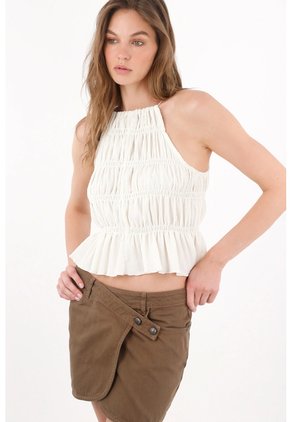 Topmark Top Corto Con Tiras Al Cuello Y Frunces En Blanco Para Mujer