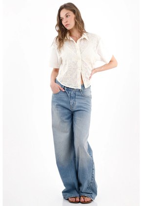 Topmark Camisa Boxy Con Frente Calado Tipo Encaje De Algodón Marfil Para Mujer