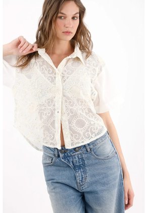Topmark Camisa Boxy Con Frente Calado Tipo Encaje De Algodón Marfil Para Mujer