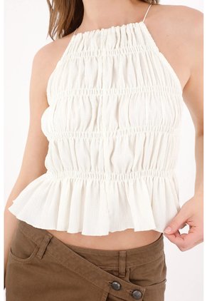Topmark Top Corto Con Tiras Al Cuello Y Frunces En Blanco Para Mujer