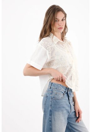 Topmark Camisa Boxy Con Frente Calado Tipo Encaje De Algodón Marfil Para Mujer