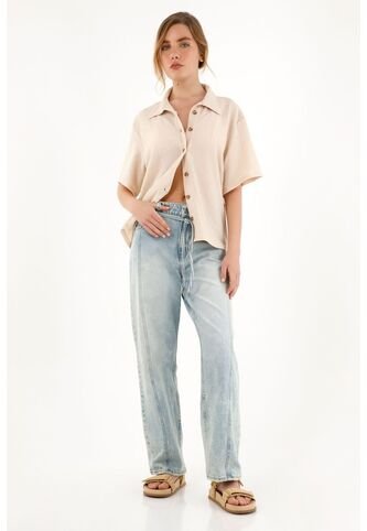 Camisa Manga Corta De Tela Con Textura Crudo Para Mujer topmark