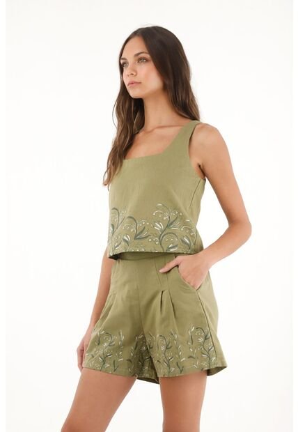 Camisa Crop Con Estampado De Flores Verde Para Mujer