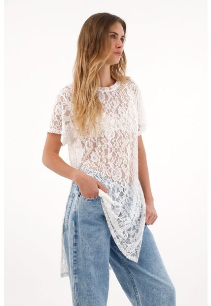 Camiseta Larga En Encaje Crudo Para Mujer