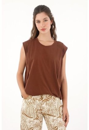 Camiseta Manga Sisa Con Prenses Café Para Mujer