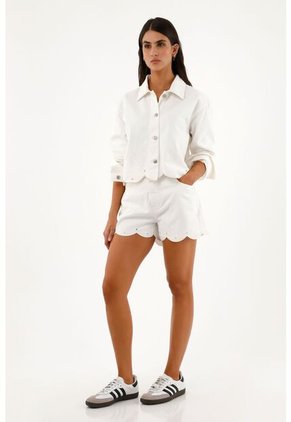 Topmark Chaqueta Denim Blanca Con Ruedo Bordado Para Mujer