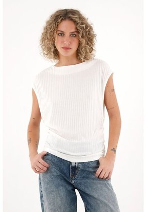 Topmark Camiseta De Cuello Bandeja Con Textura A Rayas Crudo Para Mujer