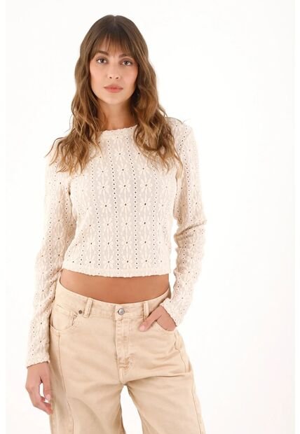 Topmark Camiseta Manga Larga Con Flores Bordadas Crudo Para Mujer