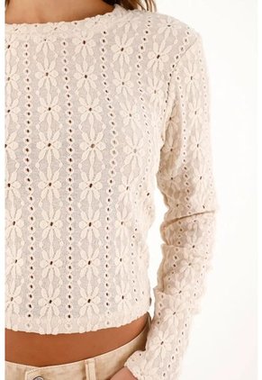 Topmark Camiseta Manga Larga Con Flores Bordadas Crudo Para Mujer