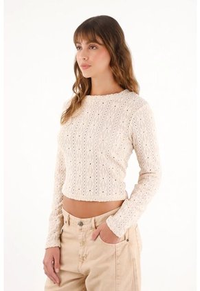 Topmark Camiseta Manga Larga Con Flores Bordadas Crudo Para Mujer