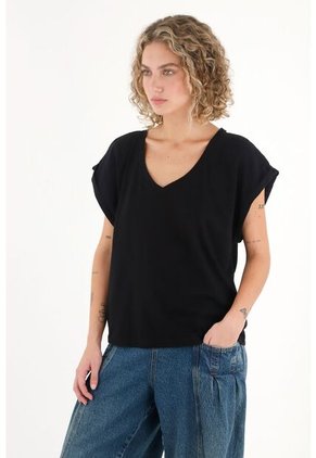 Topmark Camiseta Negra Manga Sisa Con Guardapolvo Para Mujer