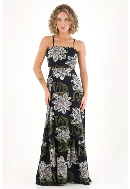 Topmark Vestido Largo Con Estampado Y Cut Out En Cintura Negro Para Mujer