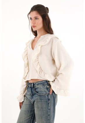 Camisa Con Boleros Amplia Crudo Para Mujer