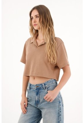 Topmark Camiseta Crop Amplia Café Con Acabado Natural Para Mujer