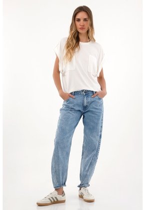 Topmark Jean Boyfriend Tiro Medio Azul Para Mujer