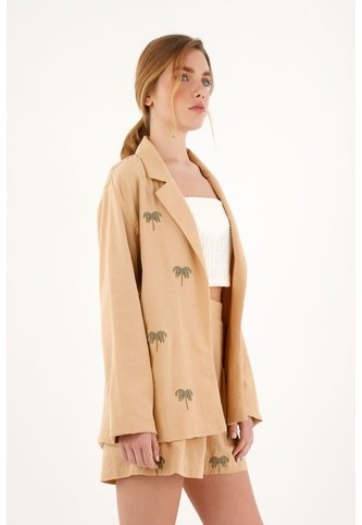 Blazer Café Con Palmeras Bordadas Para Mujer topmark