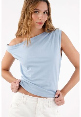 Topmark Tshirt Para Mujer En Algodón Azul Cielo Fit Relajado Con Escote Asimétrico topmark