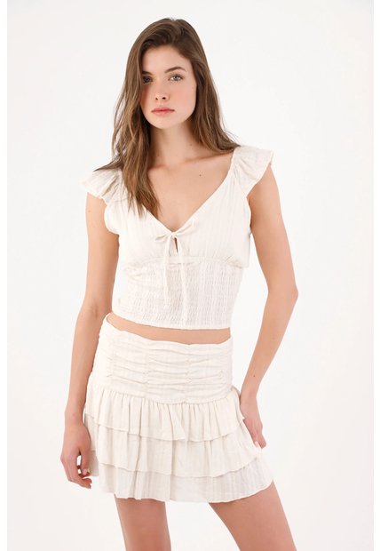 Topmark Blusa Cropped Entallada Con Lazo Y Nido De Abeja En Algodón Crudo Para Mujer