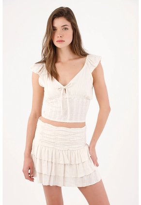Topmark Blusa Cropped Entallada Con Lazo Y Nido De Abeja En Algodón Crudo Para Mujer