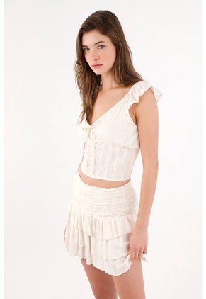 Topmark Blusa Cropped Entallada Con Lazo Y Nido De Abeja En Algodón Crudo Para Mujer