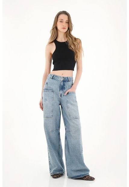 Jean Wide Leg Tiro Alto Azul Para Mujer