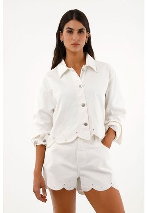 Topmark Chaqueta Denim Blanca Con Ruedo Bordado Para Mujer