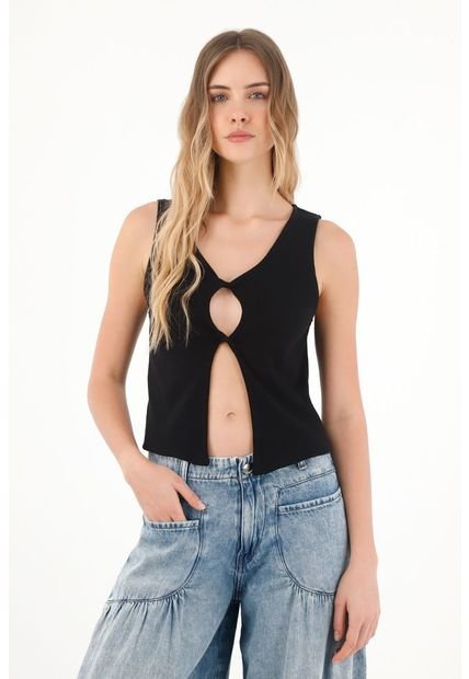 Camiseta Manga Sisa Con Detalle Entorchado Negra Para Mujer