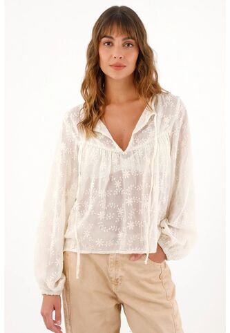 Topmark Camisa Manga Larga Con Bordados Florales Crudo Para Mujer topmark