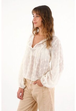 Topmark Camisa Manga Larga Con Bordados Florales Crudo Para Mujer