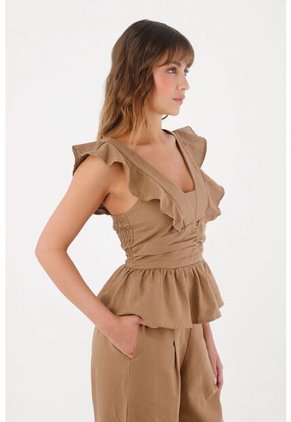 Topmark Camisa Con Escote En V Y Boleros Café Para Mujer