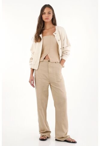 Topmark Pantalón Recto De Apariencia En Lino Café Para Mujer topmark