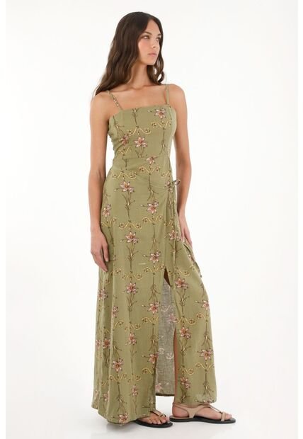 Vestido Largo Con Estampado De Flores Verde Para Mujer
