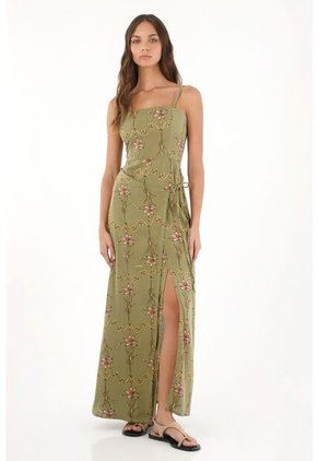 Vestido Largo Con Estampado De Flores Verde Para Mujer