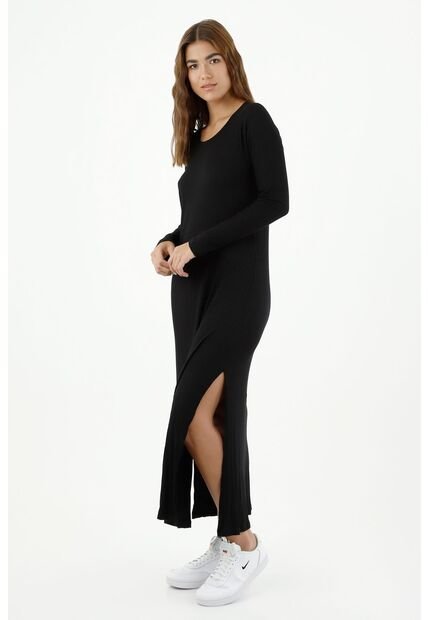 Vestido De Mujer, Silueta Ajustada De Diseño Midi, Cuello Redondo Manga Larga, Color Negro