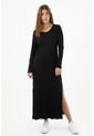 Vestido De Mujer, Silueta Ajustada De Diseño Midi, Cuello Redondo Manga Larga, Color Negro de topmark