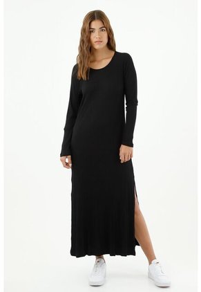 Vestido De Mujer, Silueta Ajustada De Diseño Midi, Cuello Redondo Manga Larga, Color Negro