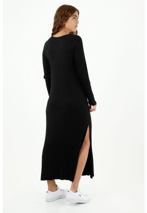 Vestido De Mujer, Silueta Ajustada De Diseño Midi, Cuello Redondo Manga Larga, Color Negro