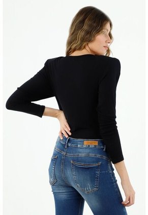 Body De Mujer Cuello En V, Manga Larga Con Hombreras, Color Negro