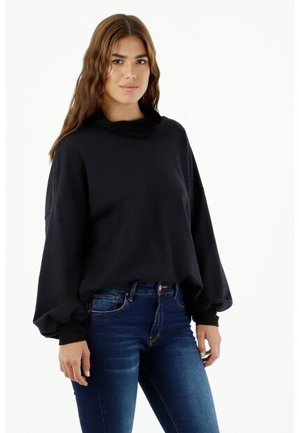 Buzo De Mujer, Silueta Amplia Cuello Tortuga En Rib, Color Negro