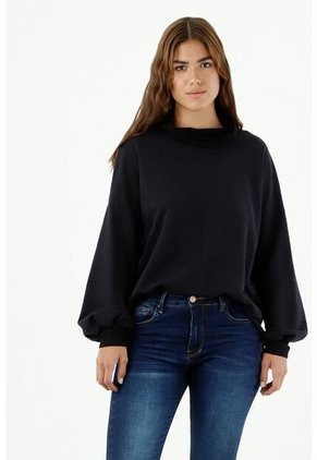Buzo De Mujer, Silueta Amplia Cuello Tortuga En Rib, Color Negro