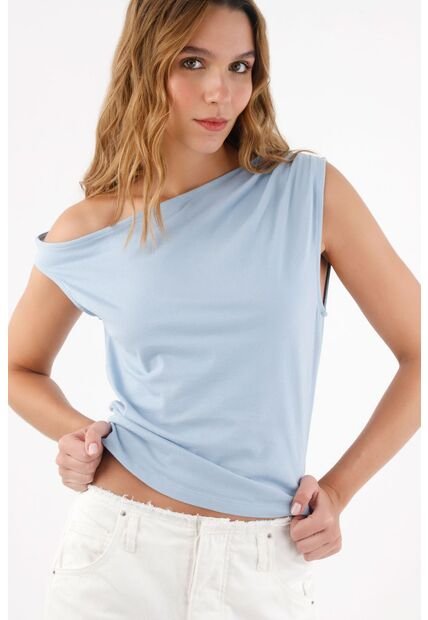 Topmark Tshirt Para Mujer En Algodón Azul Cielo Fit Relajado Con Escote Asimétrico