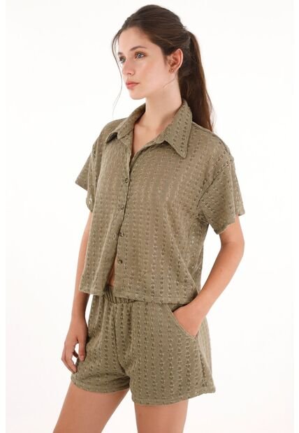 Topmark Camisa Tejida Manga Corta Verde Para Mujer