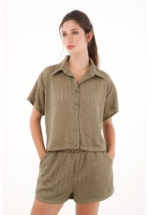 Topmark Camisa Tejida Manga Corta Verde Para Mujer